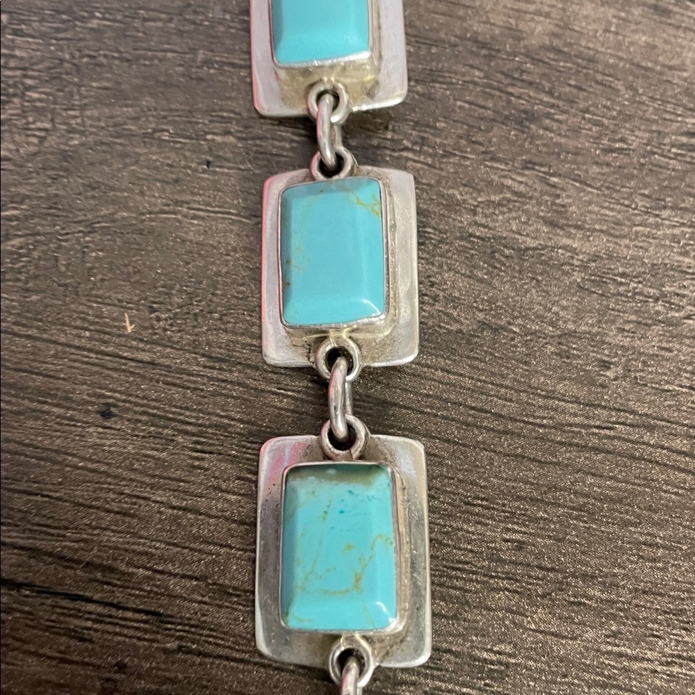Sterling silver (925) Faux Turquoise Stone Linked Bracelet. - Picture 7 of 8